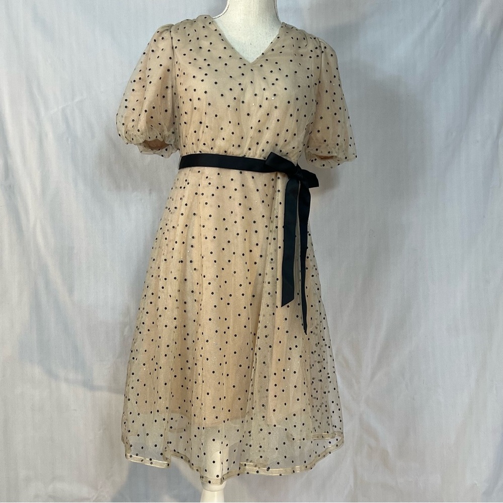 Goelia Dress Fit & Flare Beige Mesh Black Polkadots Silver Fleck Puff Sleeve S👍
